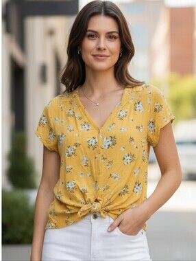 Old Navy Yellow Short Sleeved Floral Tie-Front Top - Button Down - L